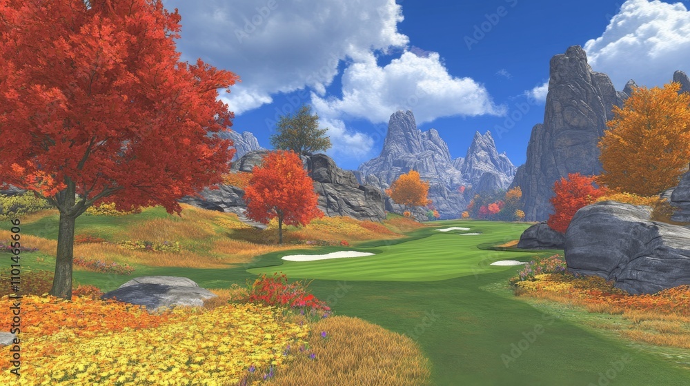 Obraz premium Colorful Golf Course Amid Fall Foliage and Scenic Rocks