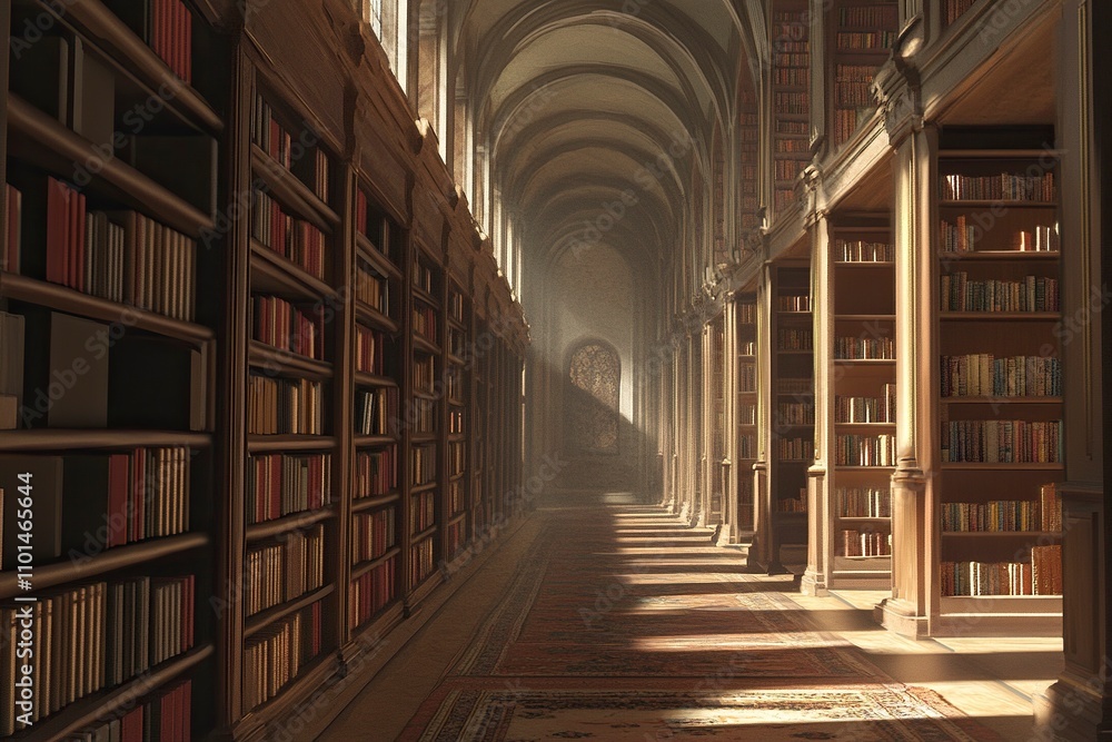 corridor of an infinite library with a row of books on the right and left corridor of an infinite library with a row of books on the right and left