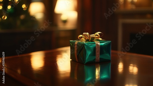 Picture a single, elegantly wrapped present in bright emerald green, with a golden ribbon cascading down its sides, sitting on a polished wooden table.