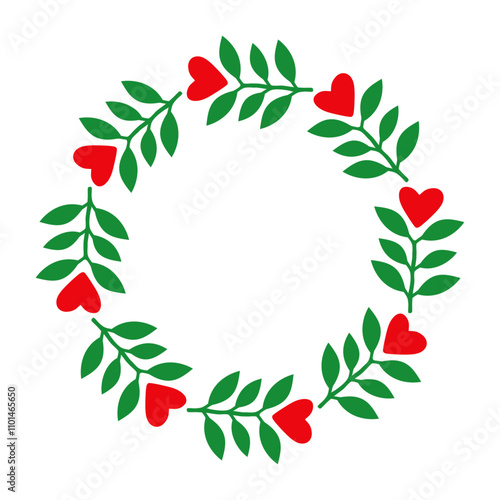 Ilustración para decoración primaveral. Banner con marco circular con ramas con corazones para tarjetas y felicitaciones de San Valentín