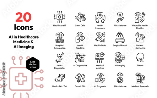 AI in Healthcare Icon Set – AI Imaging, Smart Diagnostics, Medical Robotics, and Health Data Solutions 