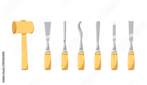 traditional chisel and measuring tool set with hammer, suitable for poster and web icon
