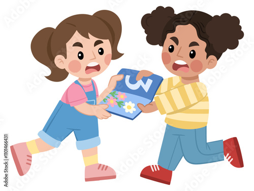 Vector illustration of two girls fighting over a book