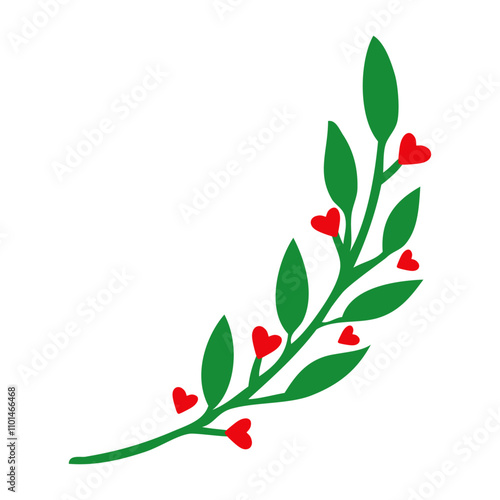 Ilustración para decoración primaveral. Banner con rama con hojas y corazones para tarjetas y felicitaciones de San Valentín