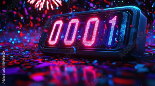 Countdown celebration, digital display shows 0001, vibrant confetti and fireworks illuminate the scene photo