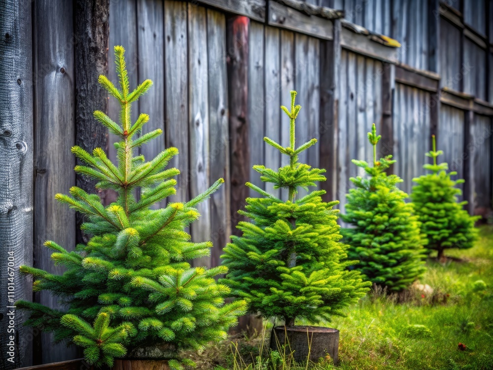 Fototapeta premium Young Fir Trees Against a Rustic Gray Fence - A Beautiful Fusion of Nature and Design, Perfect for Outdoor Living Spaces and Garden Inspiration in Fashion Photography