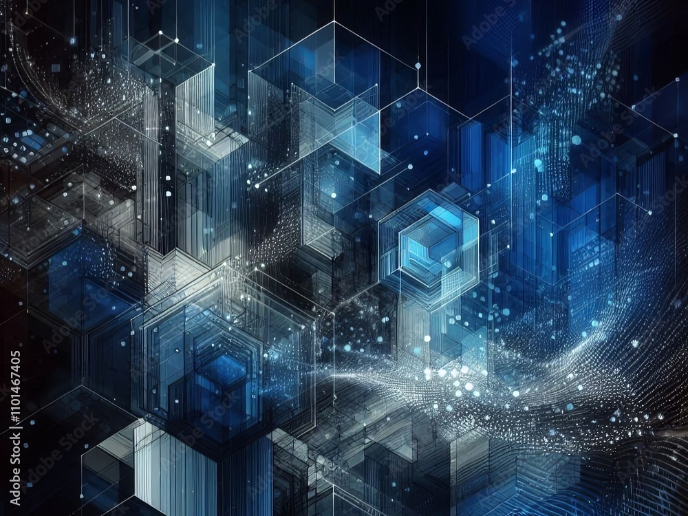Obraz premium Abstract background with blue geometric cubes and lines in a futuristic digital style