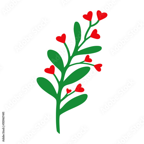 Ilustración para decoración primaveral. Banner con rama con hojas y corazones para tarjetas y felicitaciones de San Valentín