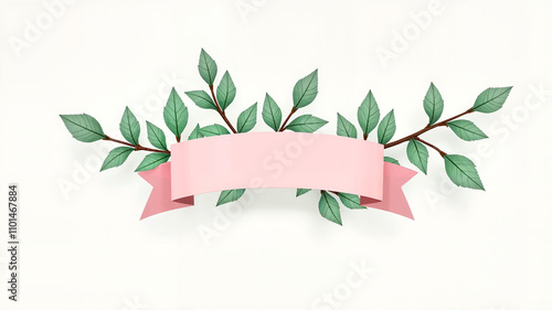 Pink ribbon banner with green leaves on a soft beige background photo