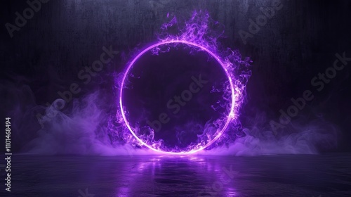 Fiery purple ring ablaze in smoky darkness. Glowing neon circle, mystical and surreal.