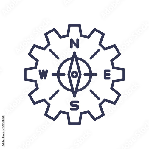 Compass within a gear symbolizes direction and structure.