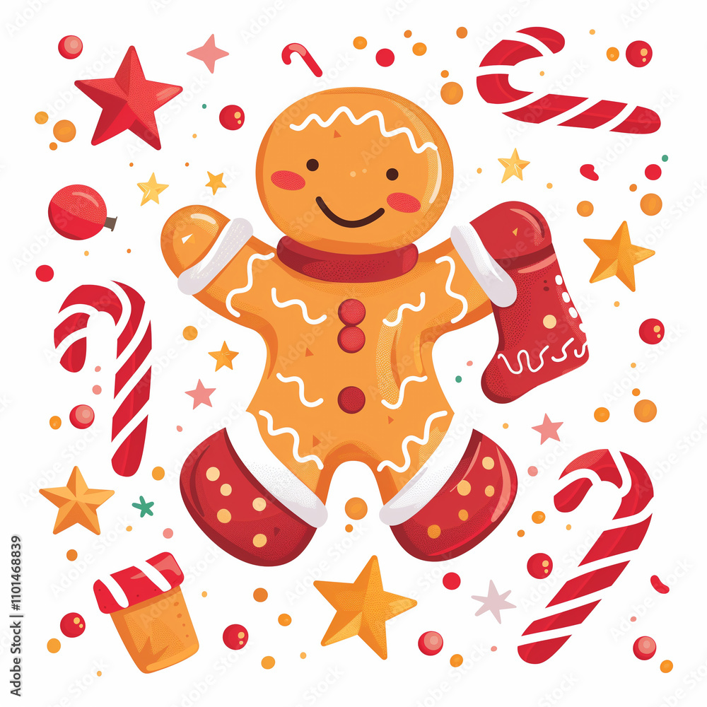 Naklejka premium Adorable Christmas cartoon flat vector illustration of a gingerbread man exuding charm and sweetness. 