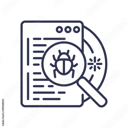 Magnifying glass over code with bug, symbolizing software testing in Quality Assurance.