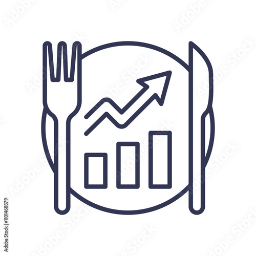 Fork, knife, and plate with growth chart symbolize sales analytics in the food industry.