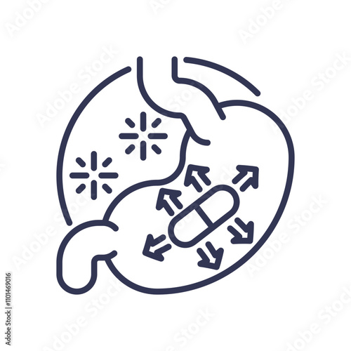 Illustration of a pill in the stomach, symbolizing the absorption process.