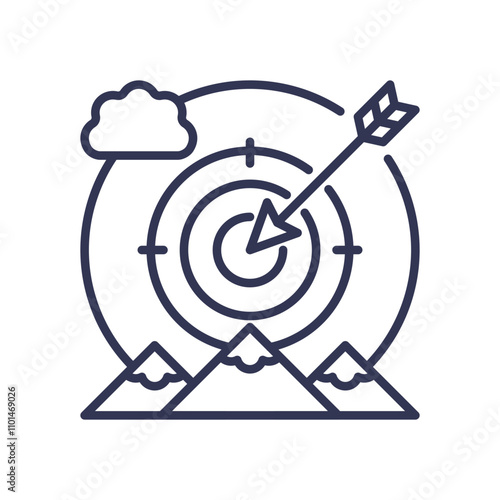 Target and arrow over mountains symbolize climate resilience goals.