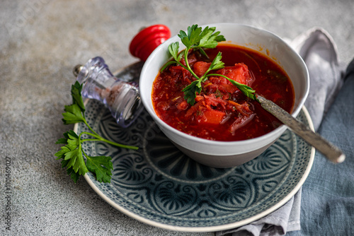 Close-up of a bowl of traditional Ukrainian beetroot soup (borscht) on a table with salt and pepper photo