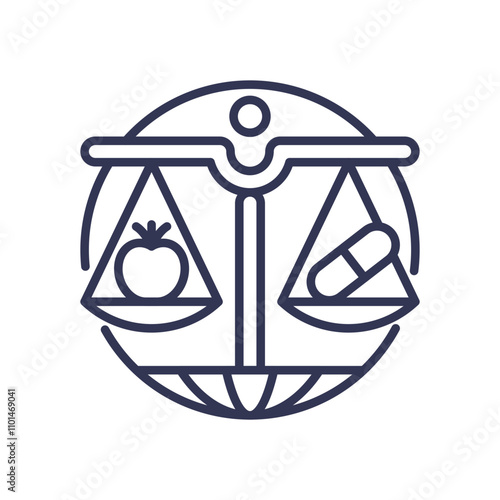 Scales balancing food and medicine, symbolizing health choices.