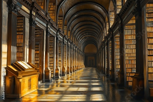 corridor of an infinite library with a row of books on the right and left