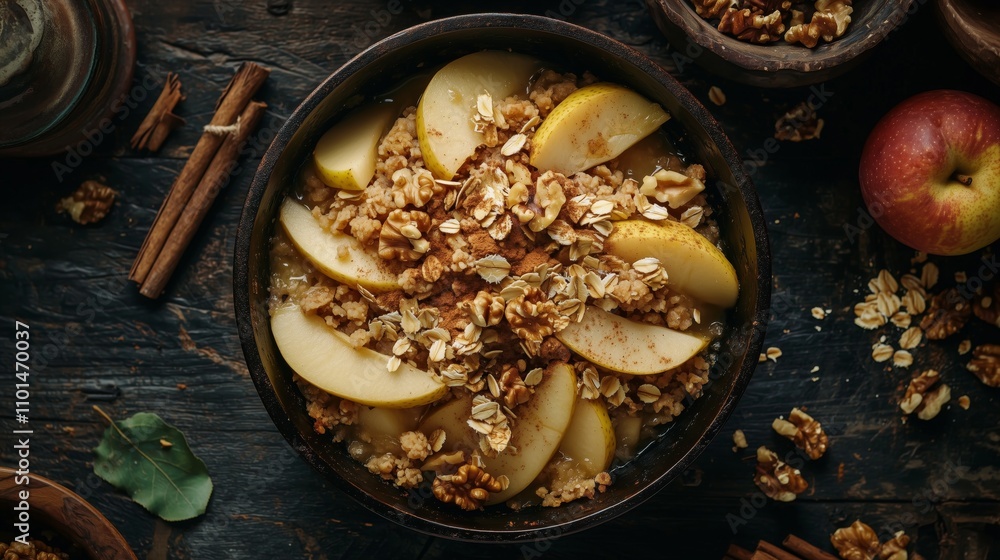 Top-Down View of Spiced Apple and Pear Crumble in Cast-Iron Dish