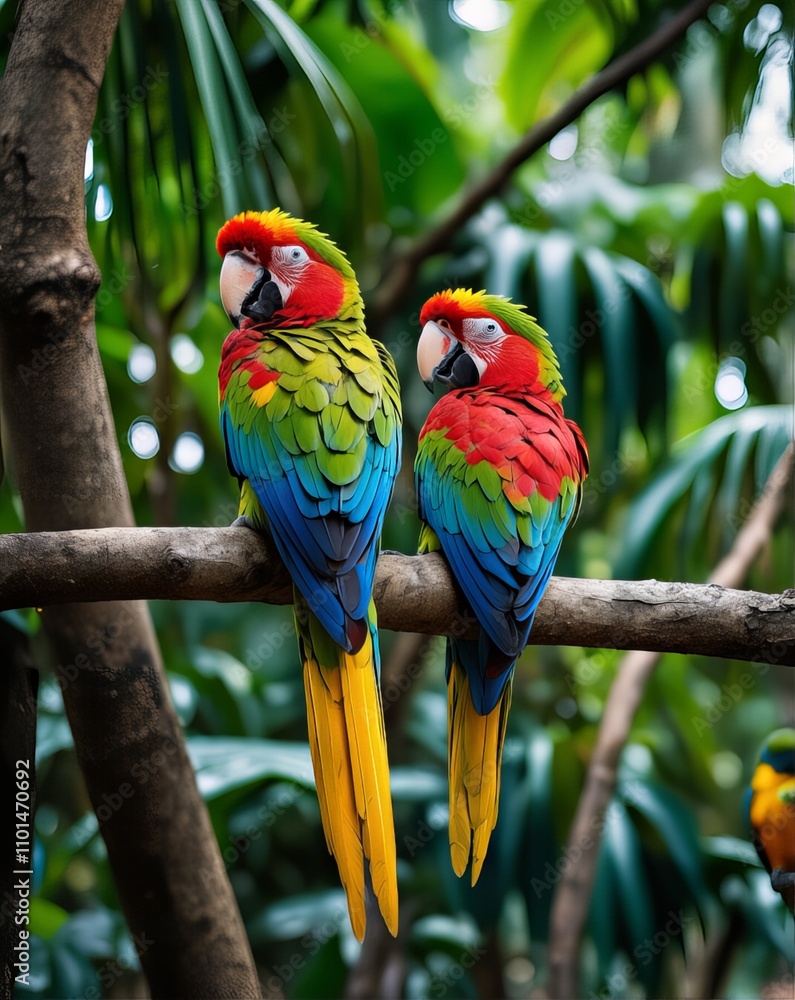 Obraz premium Two vibrant red macaws perched on a branch with lush green foliage in the background. Tropical wildlife and exotic bird concept.