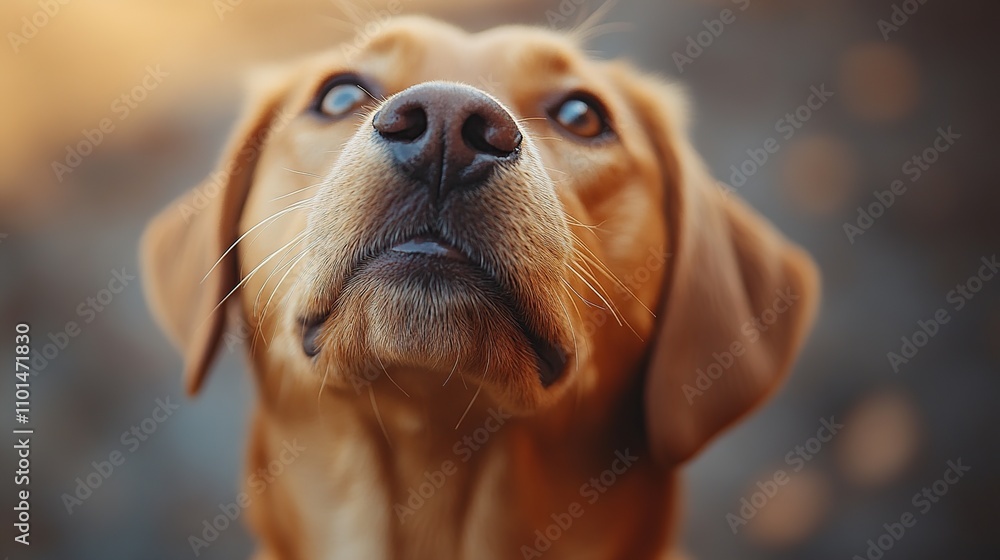 Close-up portrait of a light brown dog looking up, outdoors. Close-up portrait of a light brown dog looking up, outdoors.