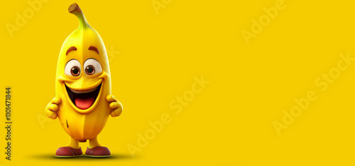 Extreme close-up of a cartoon character of a smiling banana fruit with feet and hands, looking at camera, isolated on a yellow background with copy space, blank wide banner. Generative Ai.