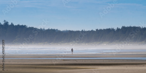 Distant rear view of a man walking on a beach on a misty day, British Columbia, Canada photo