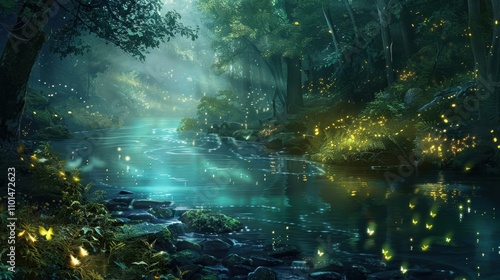 A hidden stream nestled deep within the enchanted forest its emerald waters reflecting the iridescent glow of fireflies dancing around it.