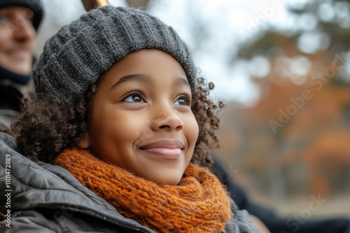 Smiling child wearing a gray hat and orange scarf photo