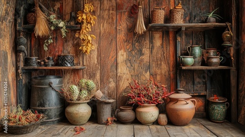 Rustic wooden shelves with dried herbs and vintage pottery photo