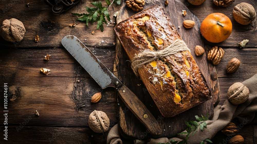 A rustic loaf of persimmon bread, styled with scattered nuts and a vintage knife on a wooden table A rustic loaf of persimmon bread, styled with scattered nuts and a vintage knife on a wooden table