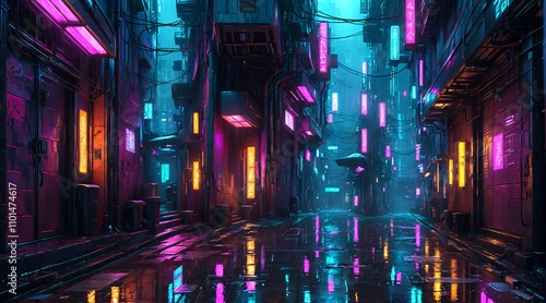 Neon-Drenched Backstreets: A mesmerizing glimpse into a cyberpunk alleyway, illuminated by vibrant neon lights reflecting on the wet pavement. 1 photo