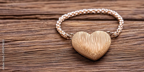 A beautifully crafted heart-shaped gold bracelet rests on a wooden surface, showcasing its intricate design and elegance.