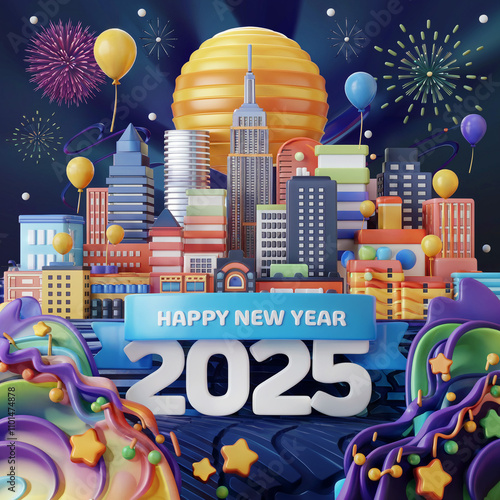 happy new year 2025 text 
3d stayle city 
white colour text  photo