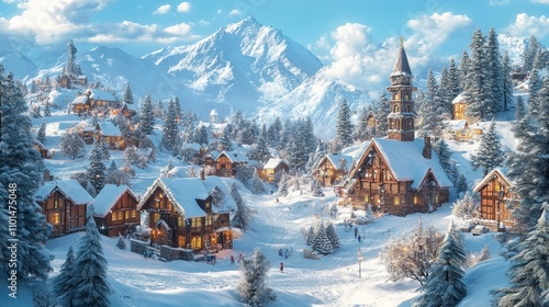 A picturesque snowy village nestled in mountains, showcasing cozy homes and holiday spirit.