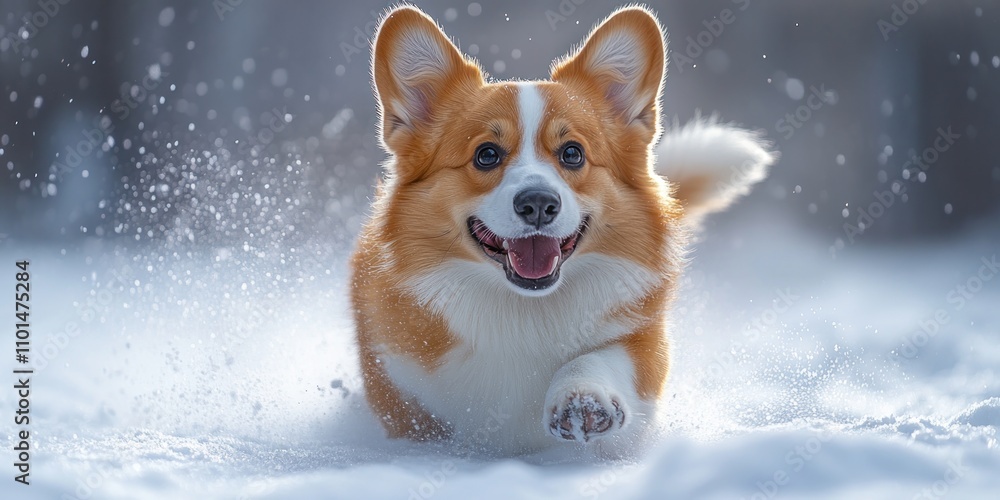 Happy corgi dog running in snowy winter. Happy corgi dog running in snowy winter.
