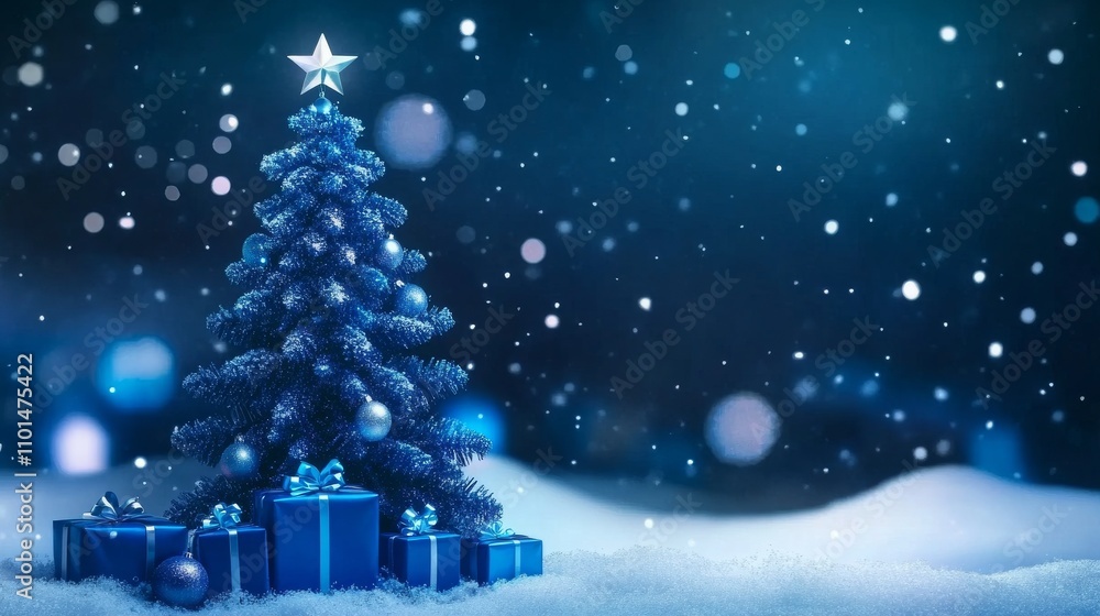 Obraz premium Presents beautifully arranged beneath a snowy blue tree.