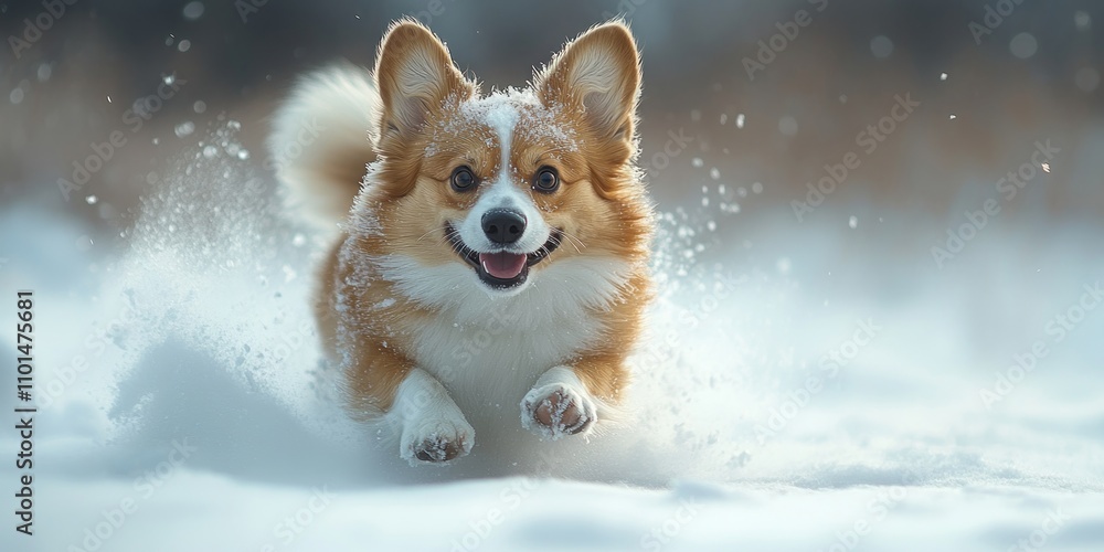 Happy corgi running through snowy landscape. Happy corgi running through snowy landscape.