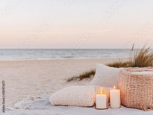 Serene Beach Sunset Cozy Picnic Scene with Candles