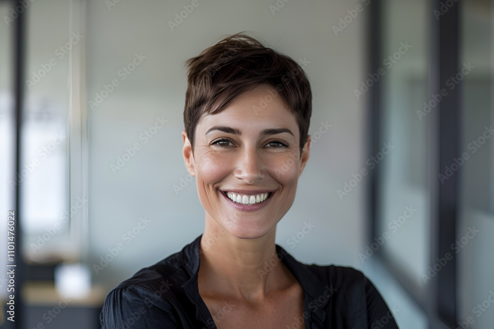Confident smiling woman in professional environment with modern hairstyle Confident smiling woman in professional environment with modern hairstyle