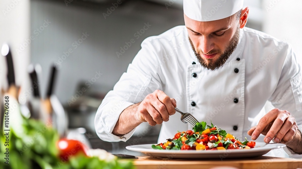 Chef Preparing a Delicious Salad in a Restaurant Kitchen Chef Preparing a Delicious Salad in a Restaurant Kitchen