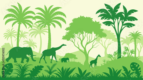 African Safari Landscape: Elephants and Giraffes
