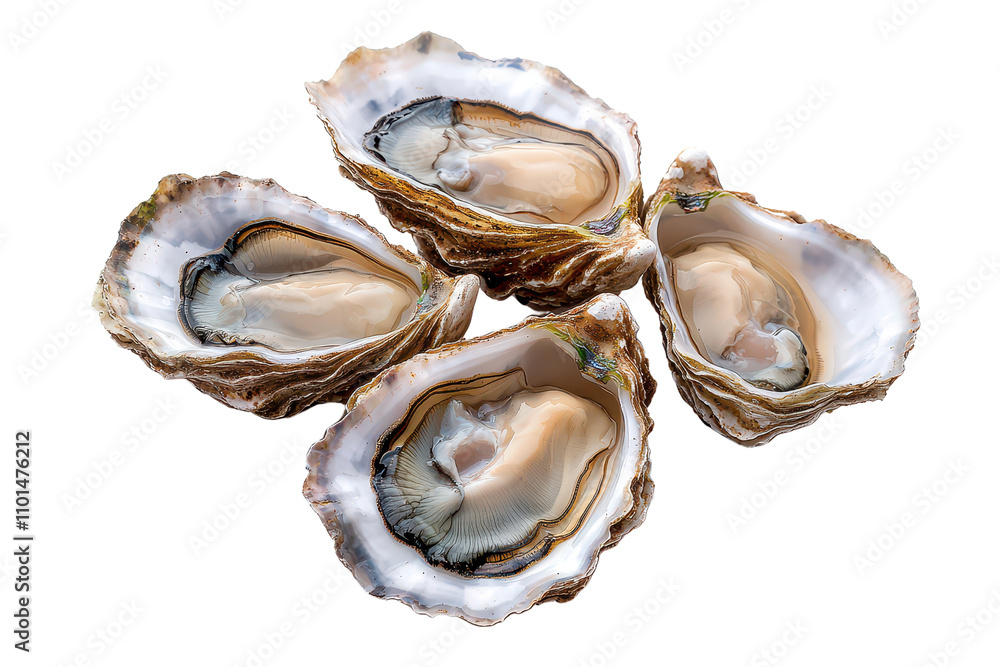 Naklejka premium Fresh oysters are displayed, showcasing their smooth, shiny shells and succulent meat inside.