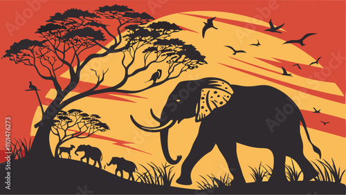 African Savanna Sunset: Elephant Herd