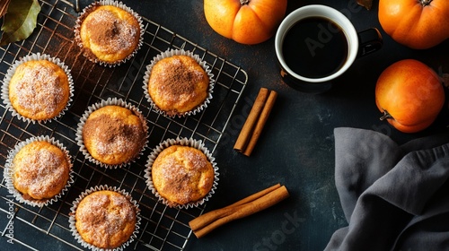 Rustic scene of freshly baked persimmon muffins on a wire rack, styled with cinnamon sticks and a cup of coffee photo