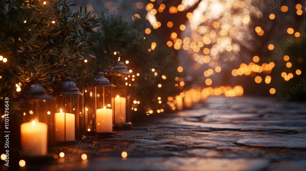 A serene pathway illuminated by lanterns and soft lights, creating a cozy atmosphere. A serene pathway illuminated by lanterns and soft lights, creating a cozy atmosphere.