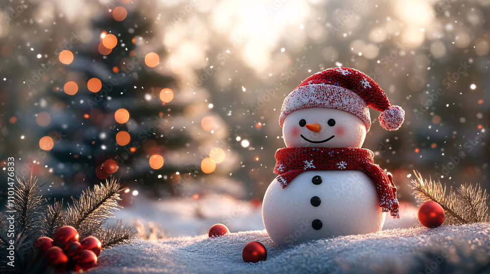 Obraz premium Snowman wearing a red hat stands in a snowy landscape with Christmas tree. Generative AI.