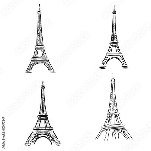 Eiffel tower in France straight view, doodle line sketch,