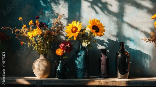 Sunlit vases with vibrant flowers casting dramatic shadows photo